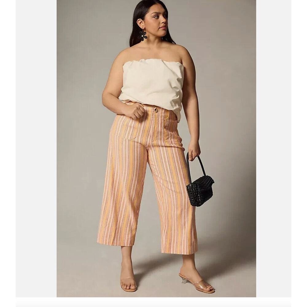 Anthropologie Wide-Leg Striped Cropped Pants in Peach & White